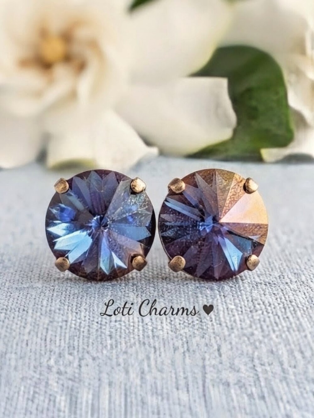 Large Volcano Blue And Purple Swarovski Crystal Stud Earrings In Brass